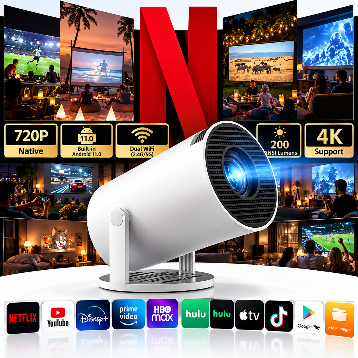 Portable projector during an outdoor movie night