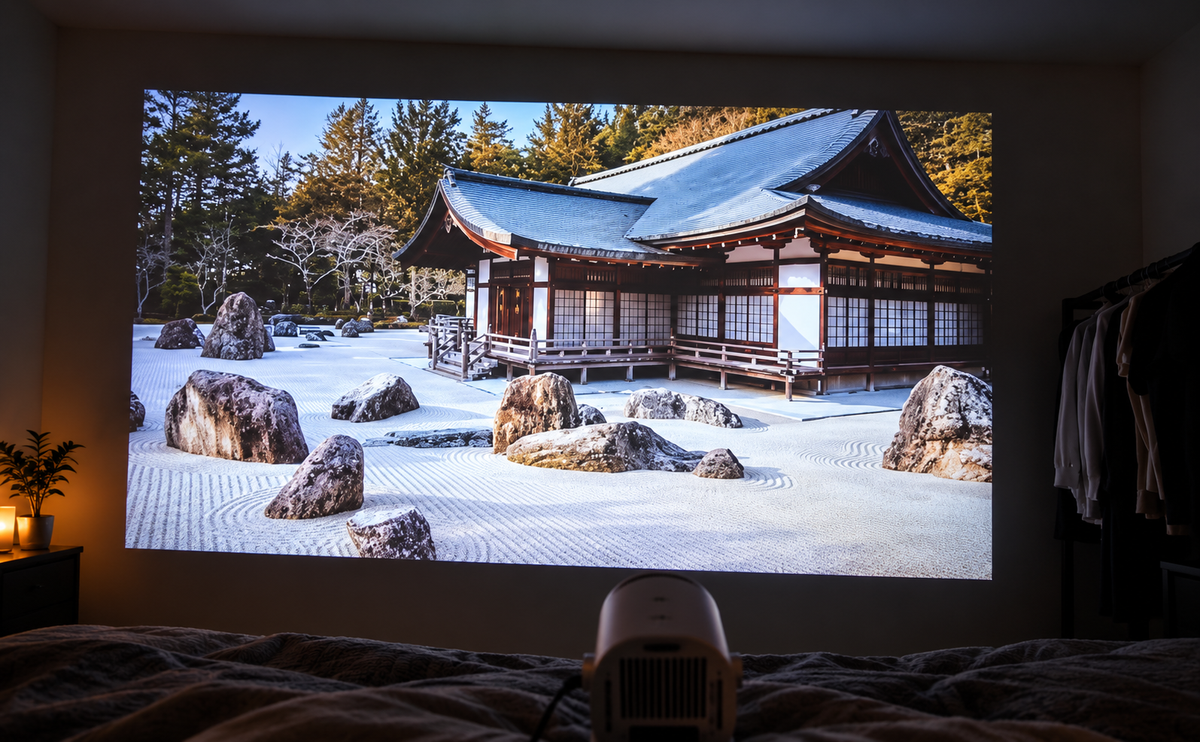 Glow Cinema projector in a home movie setting